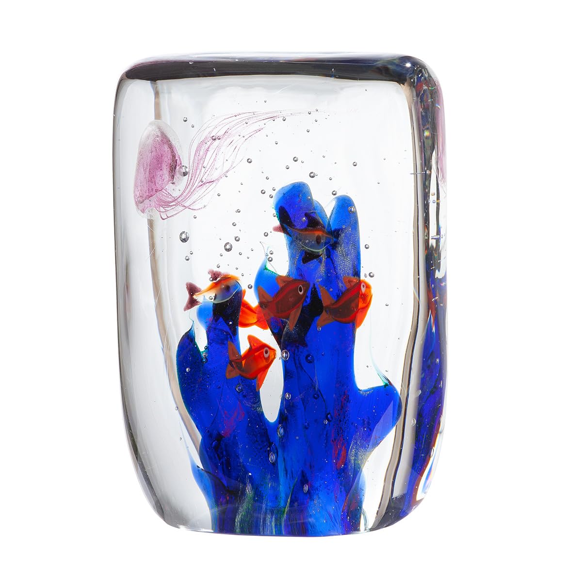 Glas Art Decorative Glass Reef Object - Cuboid with Fish Motif and Jellyfish Motif - Blue Clear - Height 20 cm x Width 14 cm
