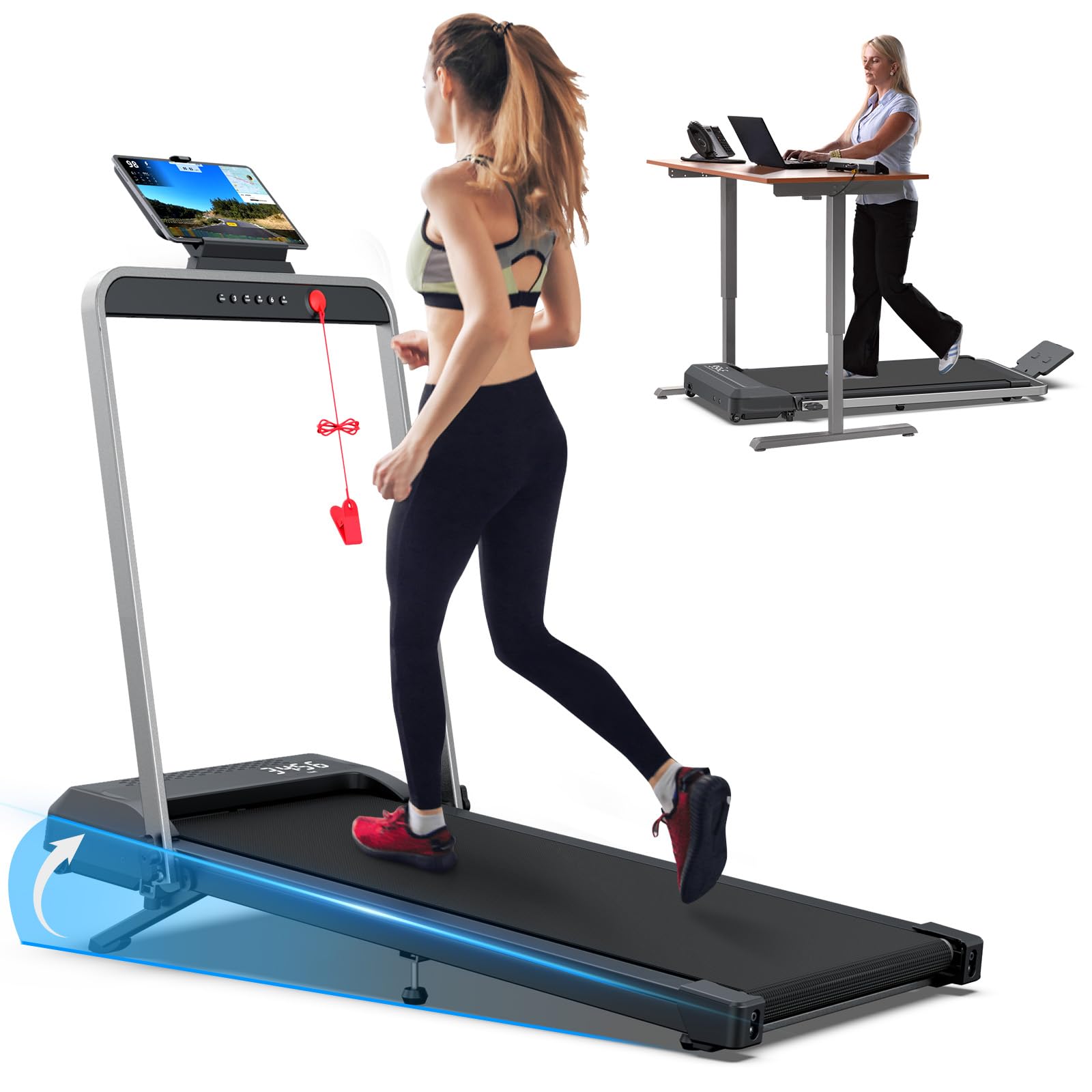 Folding Treadmills with Incline, Under Desk Walking Pad, Treadmill for Home Office with Handle Bar, 4 in 1 Smart Treadmill Work with KINOMAP Easy Move Upright Place, Manual Auto Incline Option