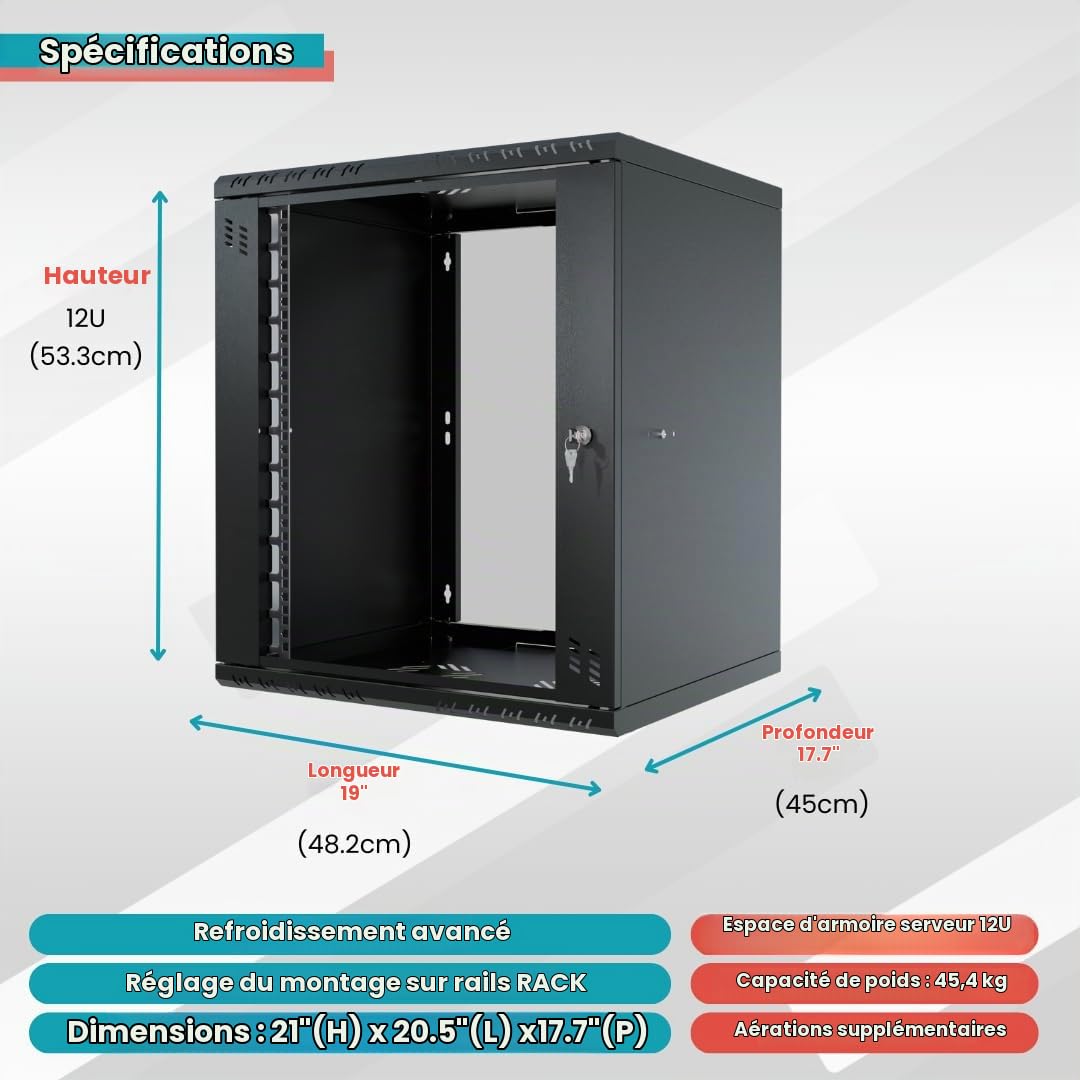 Armoire Réseau 19 Pouces - Baie Informatique 12U - Baie de Brassage pour Montage Mural - Capacité de Charge 55 kg - Profondeur 450 mm - Armoire Informatique - Noir