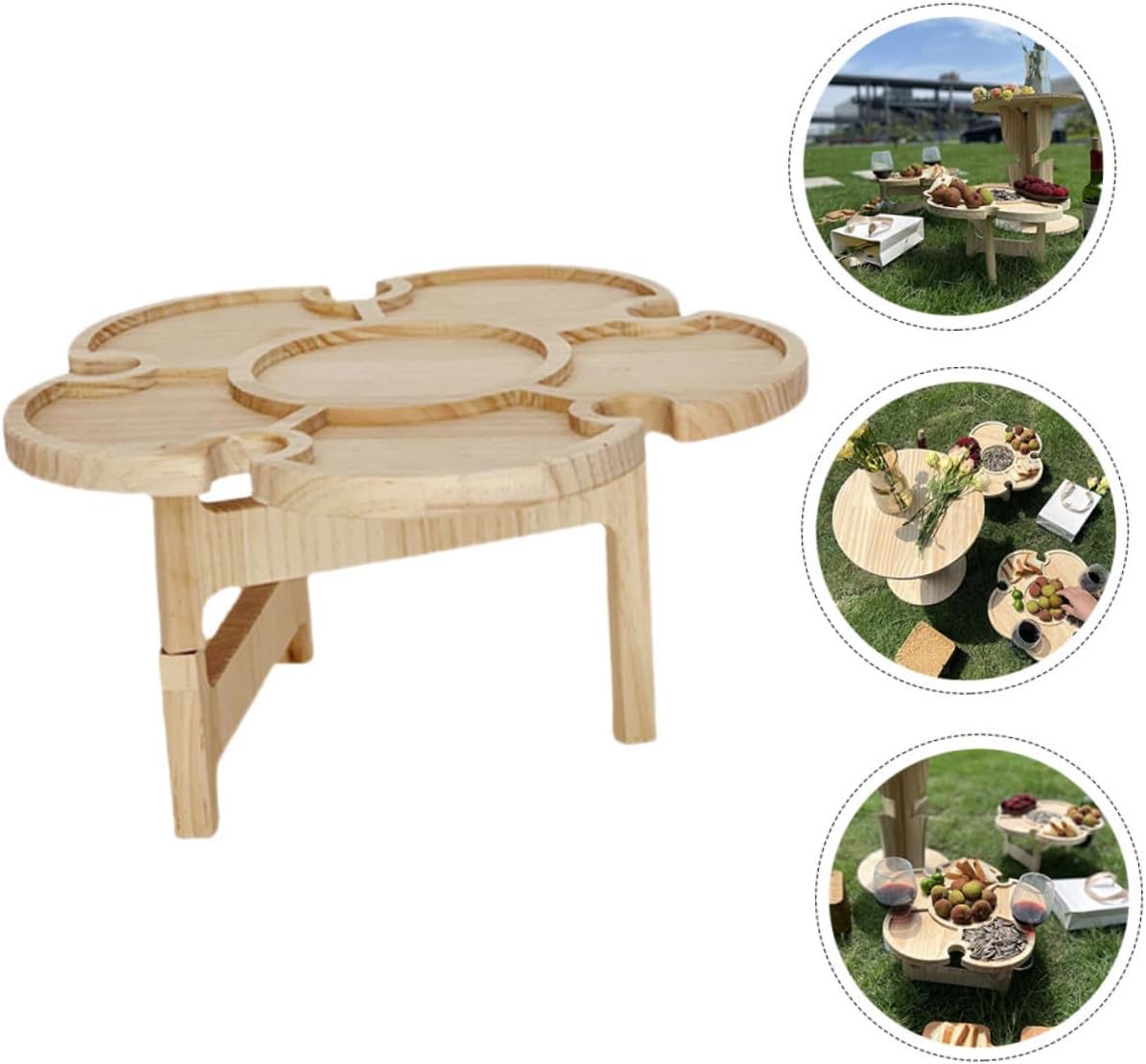 Portable Folding Picnic Table with Wine Rack Tray, 35cm Flower-Shaped Wooden Outdoor Camping Beach Table for Travel and BBQ