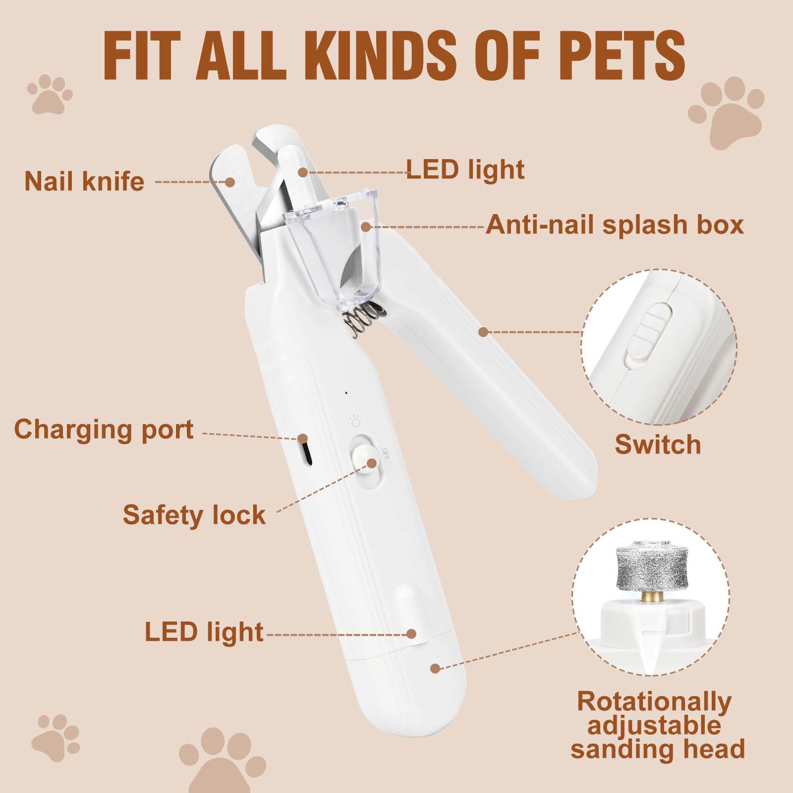 Tagliaunghie 2 in 1 per animali domestici, con ricarica USB, silenzioso, meno di 40 decibel, tagliaunghie per cani di grossa taglia e gatto, doppia luce LED, adatto per tutti gli animali domestici