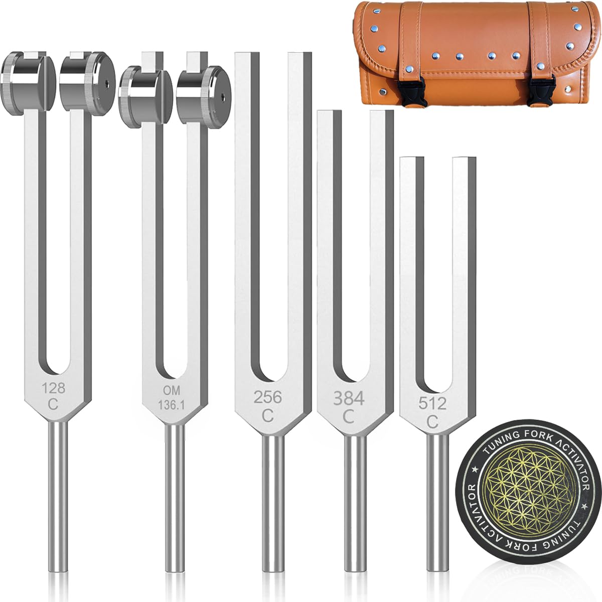 Resonance Tuning Forks for Healing Set - Weighted & Unweighted Tuning Fork Set Including 128Hz, 136Hz, 256Hz, 384Hz ,512HZ& Hockey Puck Activator - Chakra Sound Therapy Instruments