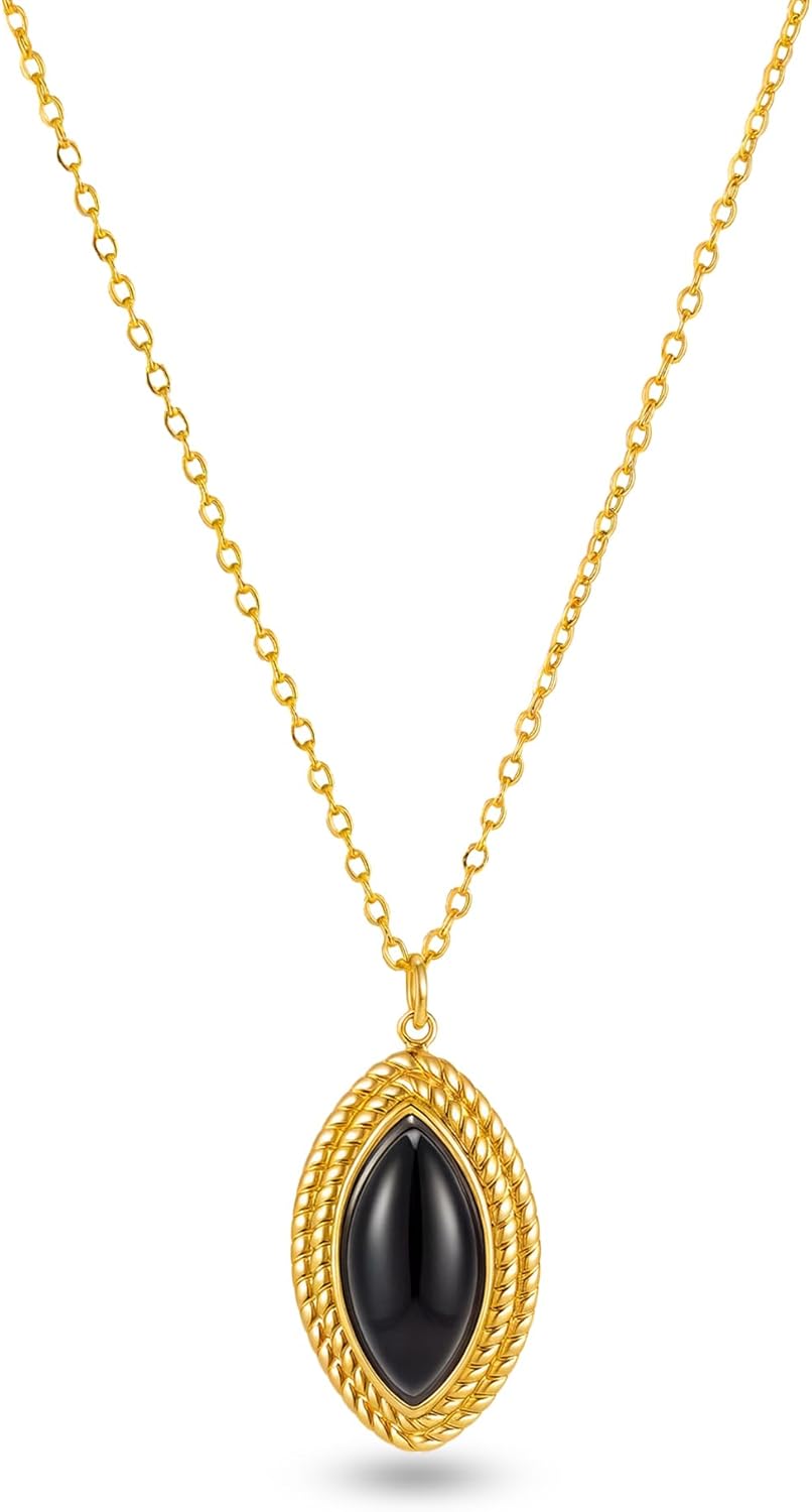 Gold Pendant Necklace for Women Vintage Black Oval Necklace Onyx Statement Necklace Trendy Jewelry