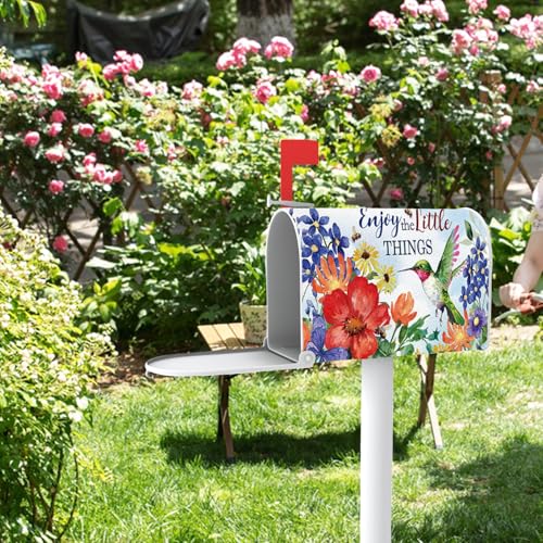 Image of Spring Summer Hummingbird Flower Mailbox Cover Magnetic Standard Size 20.5 inch x 18 inch, Enjoy The Little Things Floral Decorative Post Letter Box Wrap Decor, Bee Garden Yard Outdoor Decoration