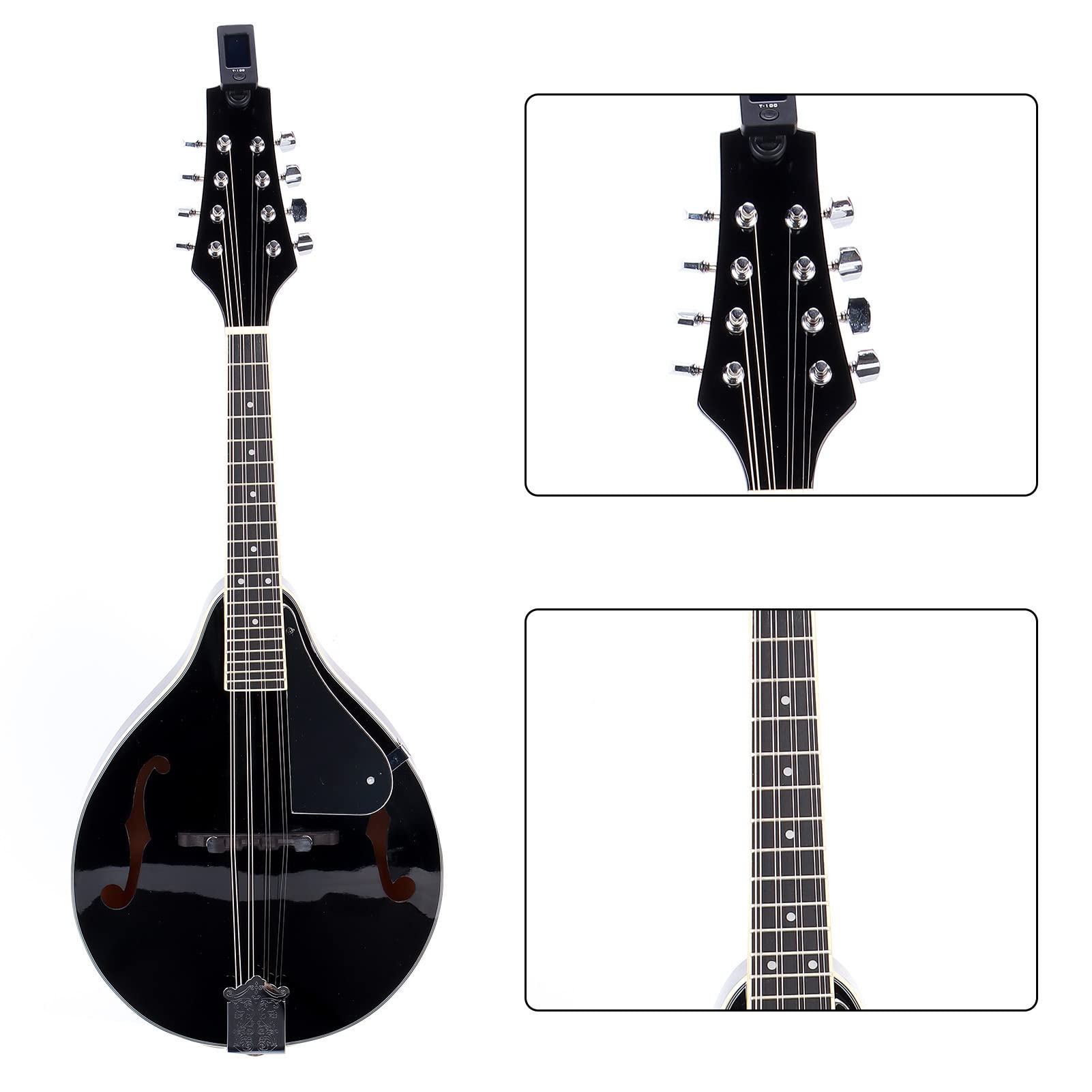 8-saites Schwarzes Mandolineninstrument mit Taschen, Saiten, Wisch, Tuner, Picks, Schraubenstabilitätsqualität für Musikbegeisterte (Schwarz)