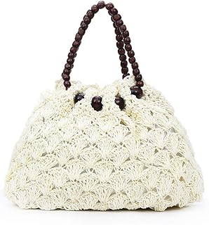 QTKJ Fashion Women Woven Straw Tote Bag Hollow Out Summer Vintage Straw Beach Bag with Beaded Handle (White)