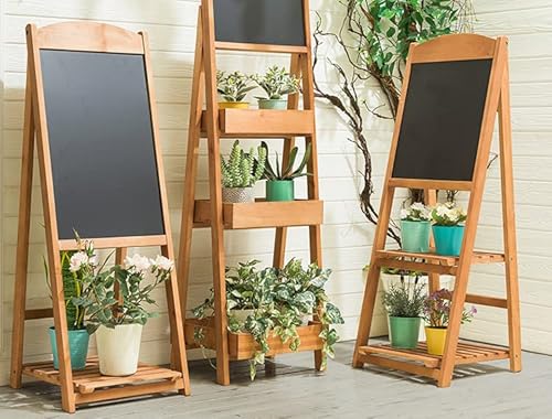 BYM Menü Pizarra Escalera de flores con pizarra para menú, escalera de madera, soporte para plantas, estante con pizarra (tipo C) Cover