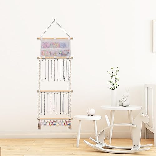 Miniatura 5 de Organizador de joyas colgante de macramé con 30 ganchos montado en la pared, colgador de joyas sobre la puerta, estante para collares con borla para