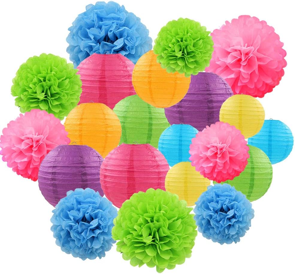 Libershine Party Decoration, 21 Pcs Paper Lanterns Tissue Paper Pom Poms Flower for Birthday Party Wedding Festival Christmas Decorations - Colorful