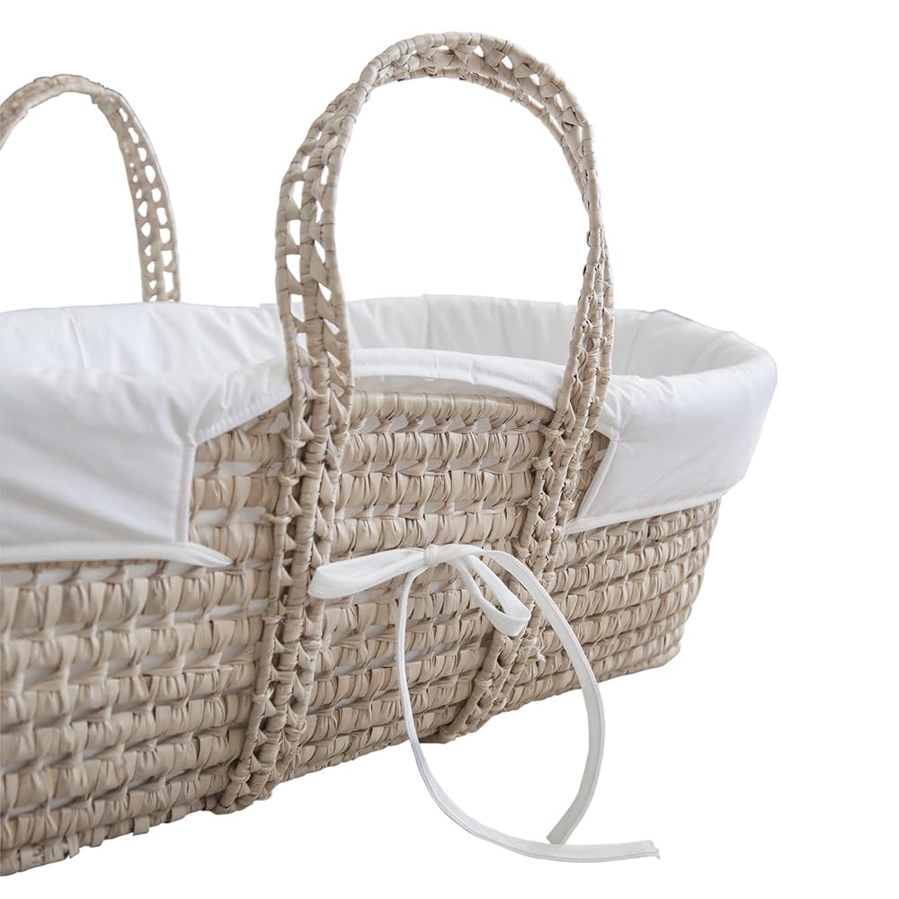 Tanuki Moisés de Mimbre Natural para Bebé con Base de Madera - Hecho a Mano - Colchón Incluido - Estilo nórdico Liso Blanco