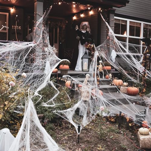 HOMIKLSA Tecido de aranha decorativa para Halloween, 200 g, teias de aranha elásticas e 50 aranhas artificiais, perfeitas para interior/exterior, jardim, casa assombrada e acessórios de festa-Saurige