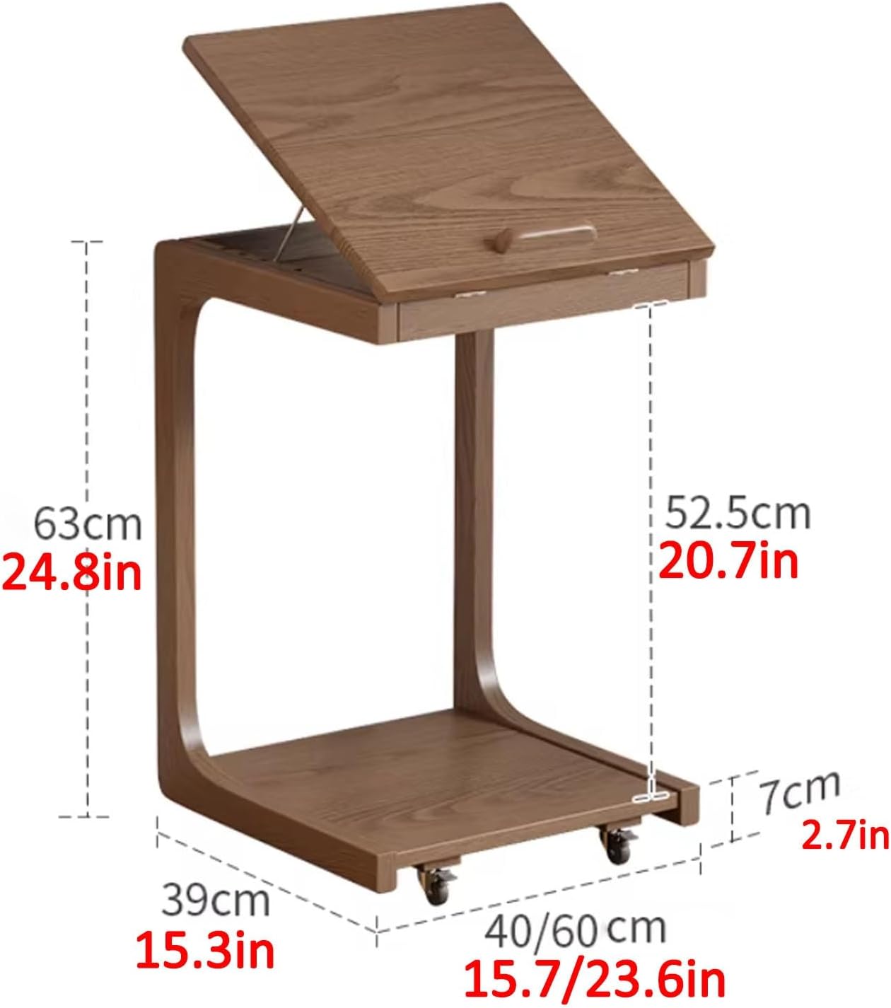 JKGHK Solid Wood C-Shaped Overbed Side Table with 360° Wheels, Small Bed Table with Adjustable Desktop Angle, Rolling End Table for Living Room, Narrow Spaces(White,40cm/15.7in)