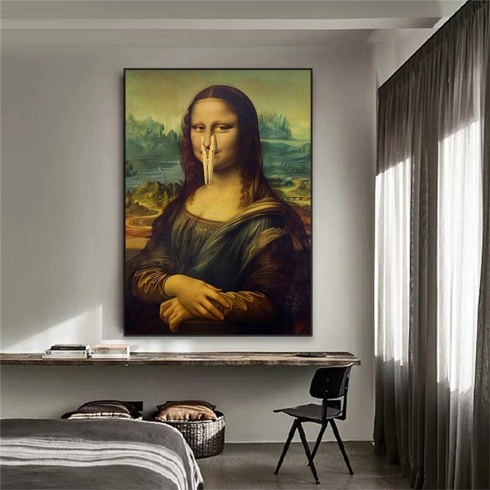 Kemeiqi Frameless Altered Art Mona Lisa Toilet Poster Funny Bad Smell Funny Bathroom Wall Art Print Bathroom Wall Art Painting Humor Decor(60X90cm)