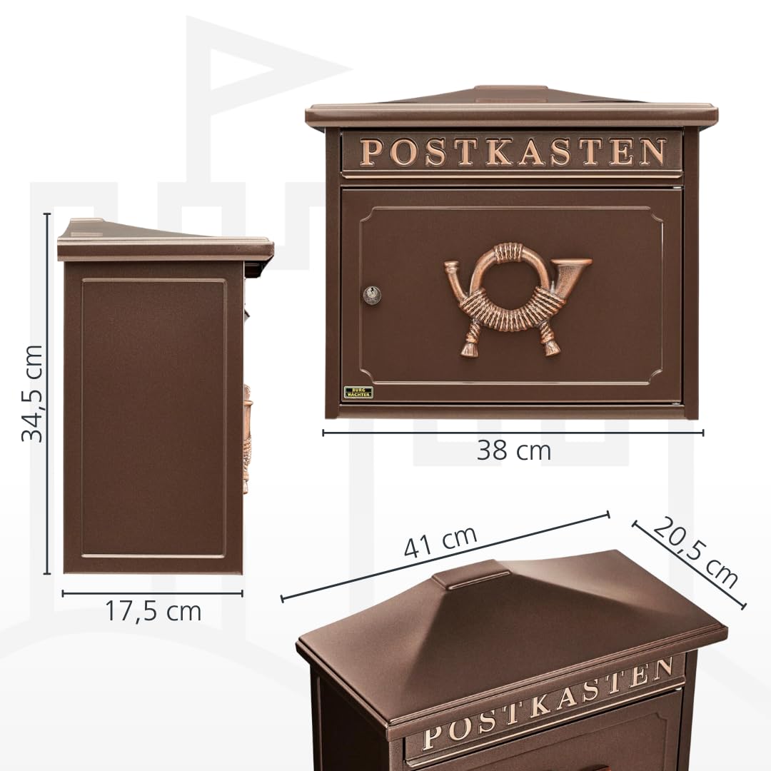 BURG-WÄCHTER Klassischer Briefkasten ohne Zeitungsfach und Namensschild, Verzinkter Stahl, Einwurf-Format DIN C4, 2 Schlüssel, Sylt 1883 K, Kupfermetallic