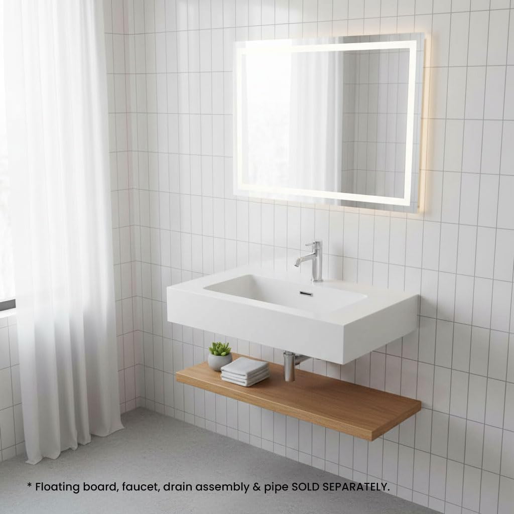 24" Integrated Bathroom Sink with Overflow Hole, Integral Solid Surface Bathroom Sink for Vanity, Glossy White