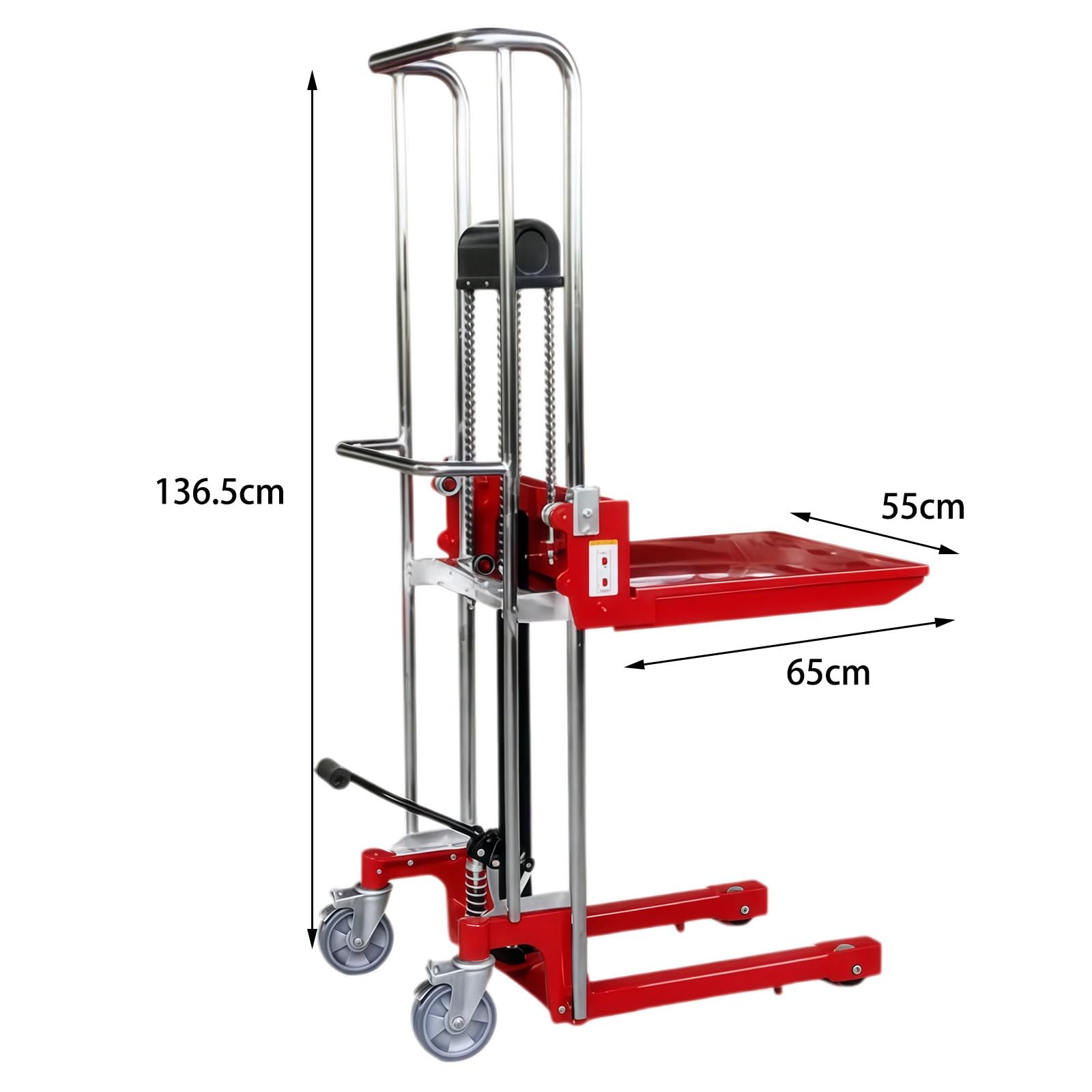 Transpallet Carrello elevatore idraulico manuale, capacità 400 kg, sollevamento 110 cm, con piastra di copertura rimovibile