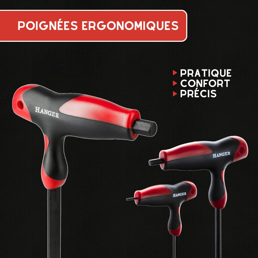Juego de 8 llaves Allen esféricas incorporadas en 'T' – Percha – 250191 – Llaves macho 6 Pans esféricas – Asas ergonómicas