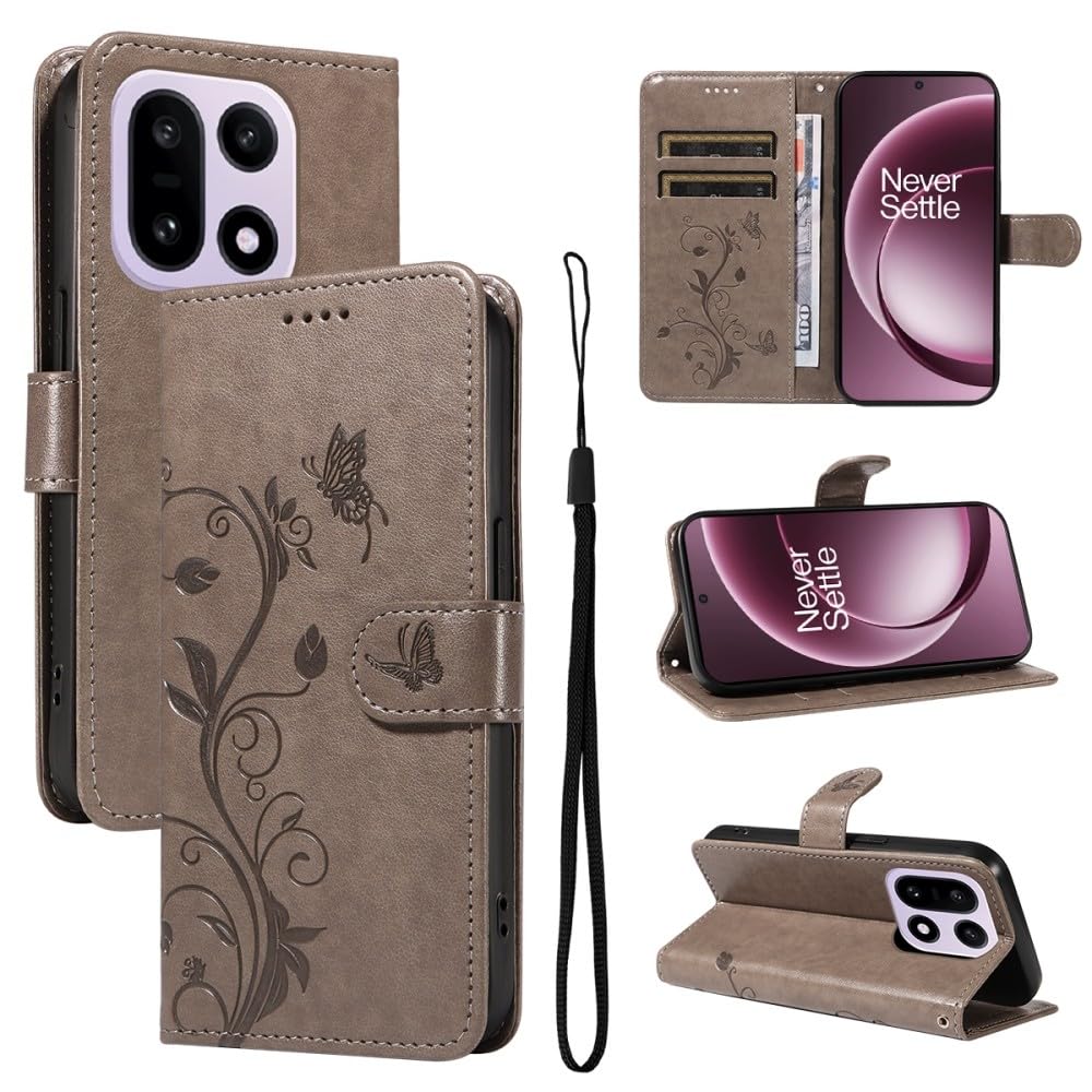 Generic Étui compatible avec Oppo A94 5G (couleur : gris) Étui portefeuille à rabat magnétique pour cartes, motif arbre papillon