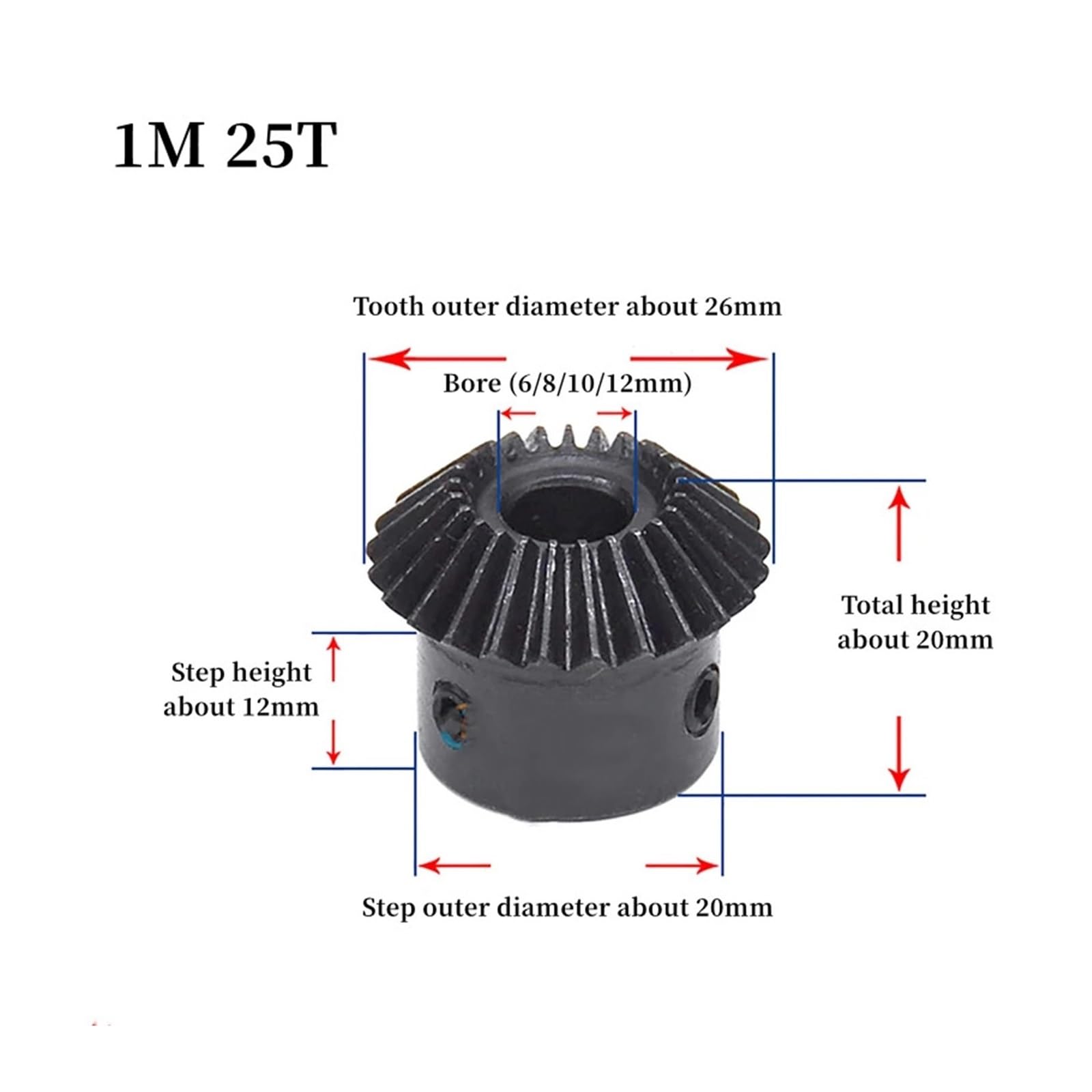 Bevel Gear Pinion Hardware Mechanical 1pcs 1 Module Bevel Gear 20/25/30 Teeth 1M Bore 6/8/10/12mm 45# Steel Motor Bevel Gear Transmission Parts(10mm-25 Teeth)