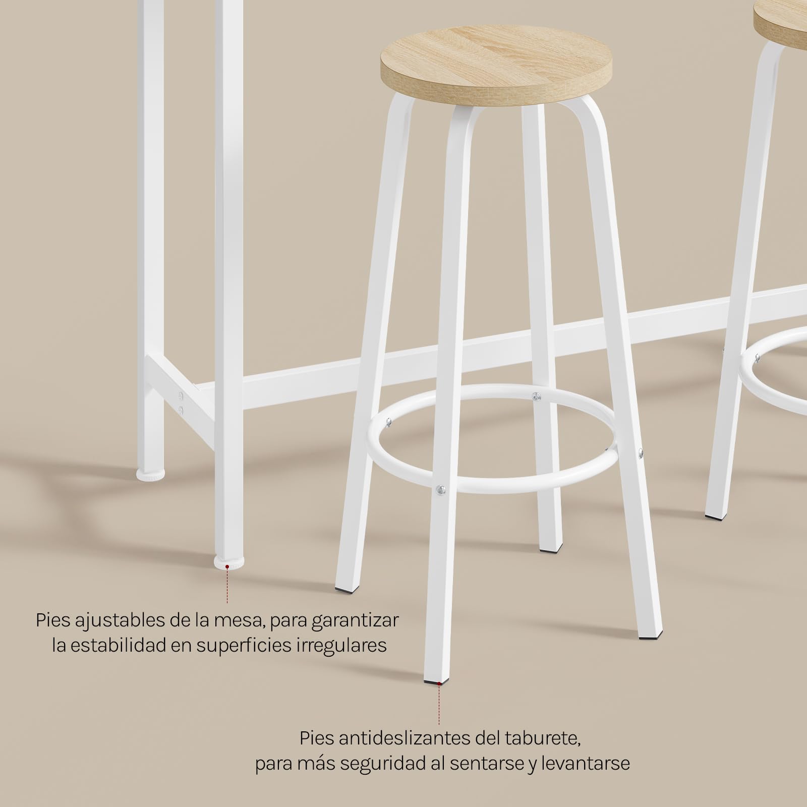 WOLTU Set Mesa de Bar y 2 Taburetes, Muebles de Bistro de Comedor para Salon, Barra Cocina con Estructura de Metal, 120x40x100cm, Blanco + Roble Claro