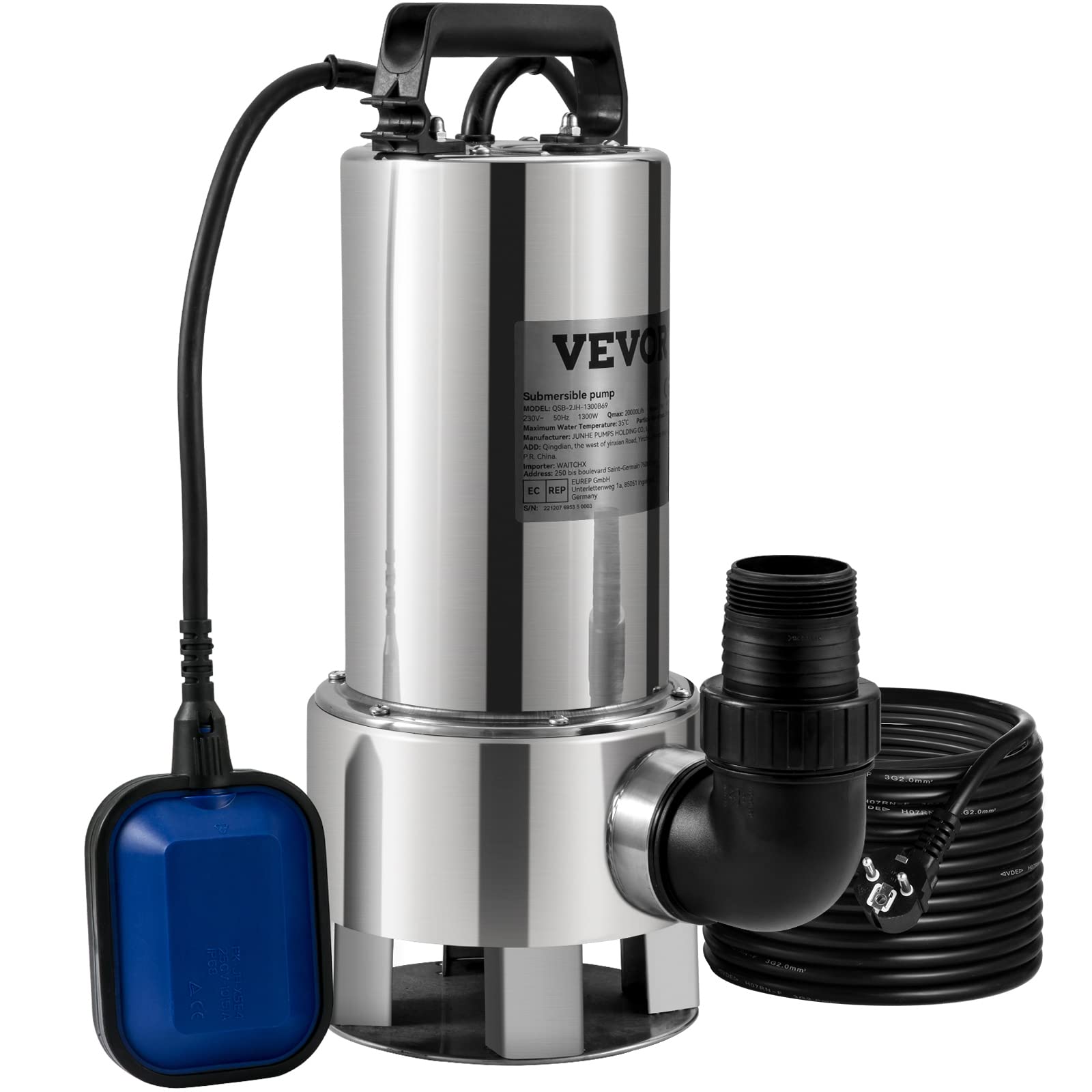 VEVOR Pompa do podnoszenia wody naładowanej 1300 W, pompa odprowadzająca wodę naładowaną, 333,3 l/min, pompa zanurzeniowa, do basenu, piwnicy, szamba z adapterem odprowadzającym do pompowania brudnej