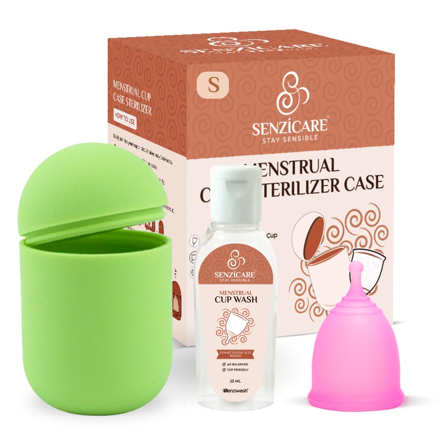 Senzicare Reusable Menstrual Cup (Small Green) with Microwaveable Sterilizer Case (1 Cup + 1 Case + Wash) | FDA Approved | 100% Medical Grade Silicone | Rash-Free & Leak-Proof Protection for 10 Hours