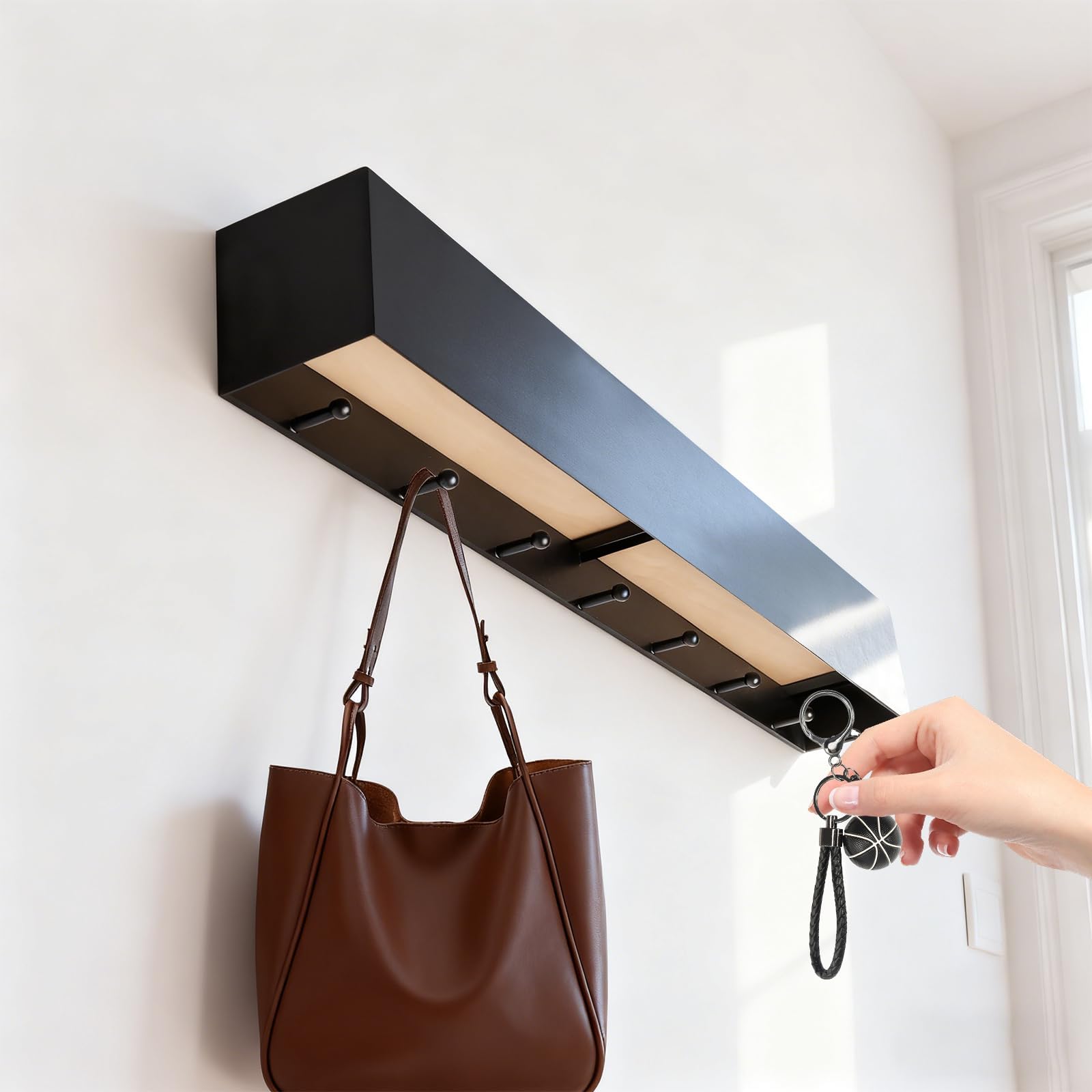 Wandgarderobe mit Ablage, Versteckte Wandmontage Kleiderhaken Wand, 60cm Garderobenhaken, Wandgarderobe Schwarz mit 7 Haken für Wohnzimmer, Flur und Schlafzimmer