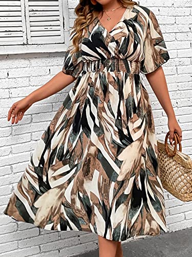 Image of Floerns Women's Plus Size Boho Hawaiian Tropical Dresses V Neck Short Sleeve Floral A Line Long Dress Vacation Beach Outfits