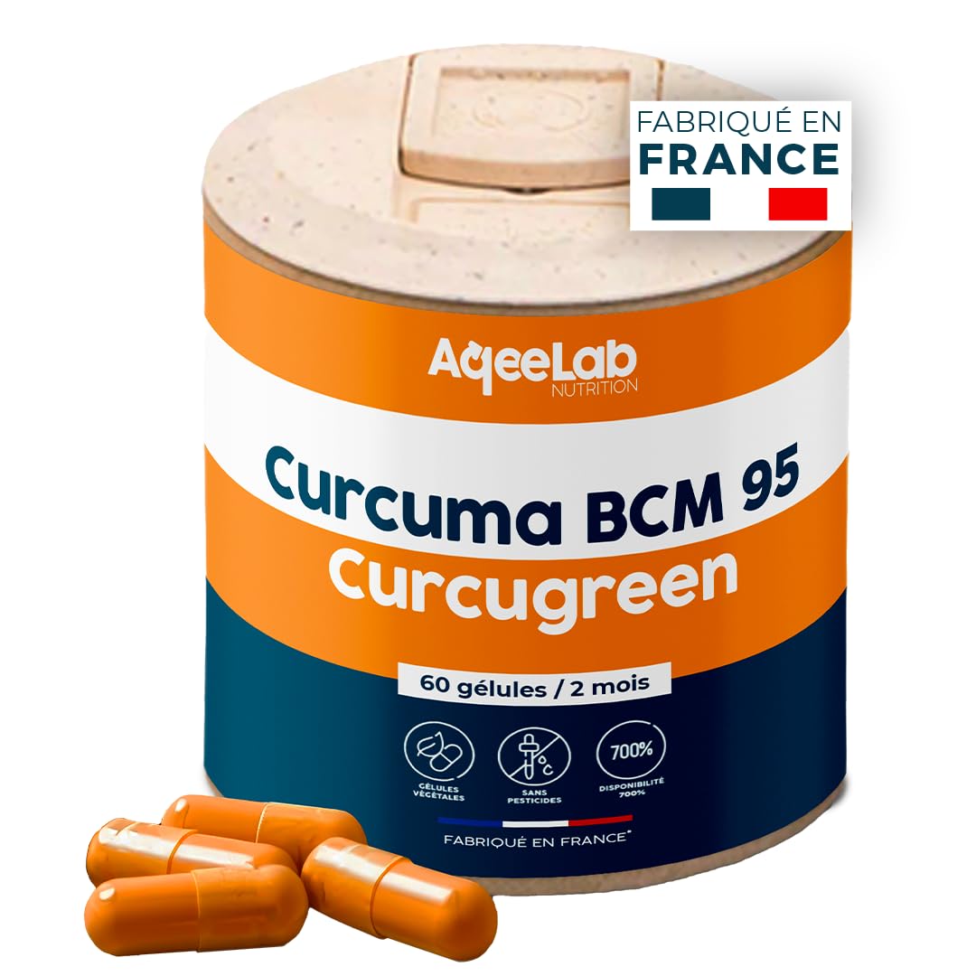 Curcuma ultra dosé - Qualité maximale : BCM95® Curcugreen® - Digestion & Articulation - Meilleure biodisponibilité : x700% - 2 mois - Testé en laboratoire - Made in FR - Ecoresponsable - Aqeelab
