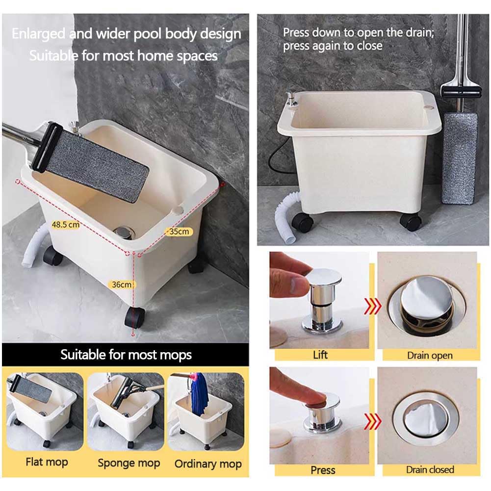Cubo de Fregona de plástico ABS con Botón de Drenaje Rápido, Lavabo con Manguera de Drenaje expandible, Cubo de Limpieza Grande para Lavadero, Garaje, 48,5 * 35 * 35,5 cm