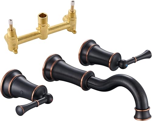 Grifo de fregadero de baño de montaje en pared, 3 agujeros, ORB, 2 manijas de palanca, 8 pulgadas, grifo de lavabo generalizado, caño giratorio de