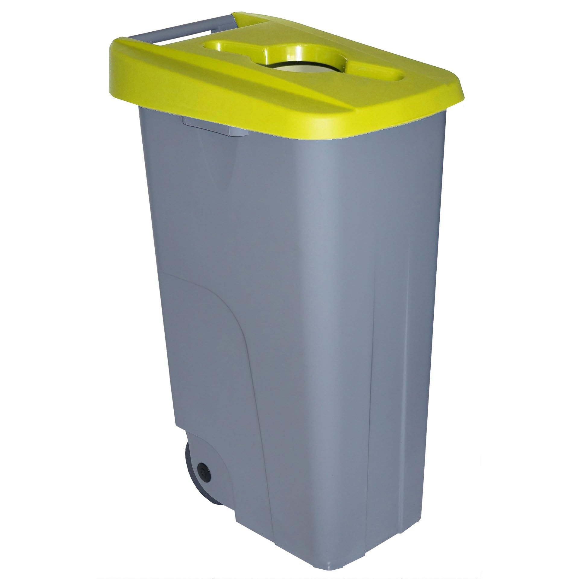 Contenedor de Residuos Reciclo 110L Amarillo con Tapa Abierta y Ruedas – Plástico Resistente, Encajable, Asa Ergonómica, Ideal para Envases y Colectividades | Denox