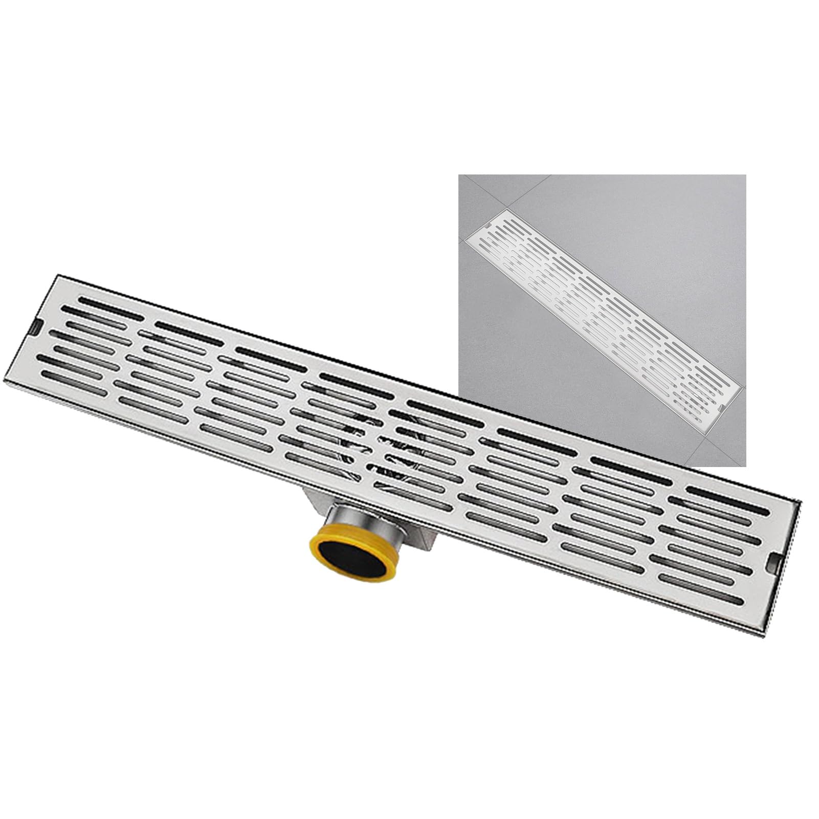 Desagüe Lineal con Rejilla Cuadrada extraíble, de Acero Inoxidable 304 con Ranuras, Apto para desagües de cocinas de Patio y alcantarillas (Plata-M, 60x12 cm/23,6x4,7 Pulgadas).
