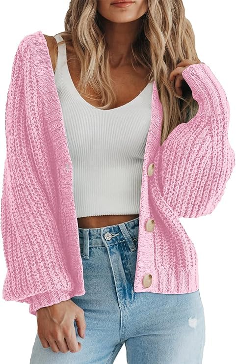 Womens Chunky Knit Open Front Sweater Long Sleeve V-Neck Button Loose Short Cardigan Outerwear Coats Trendy 2025 Fall