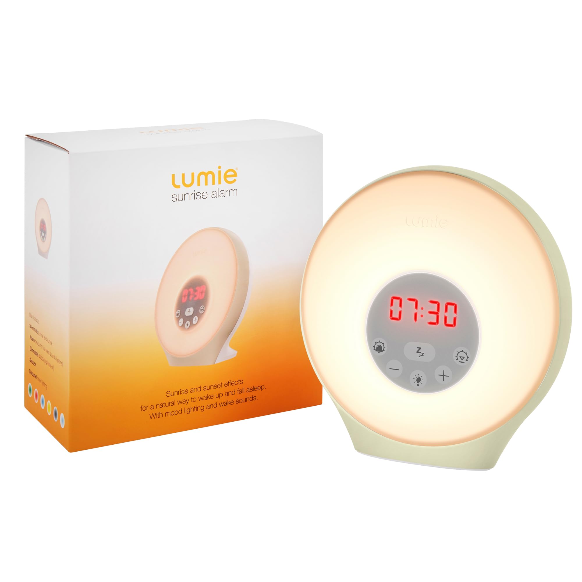 Lumie Sunrise Alarm - Simulación de Amanecer y Anochecer Graduales, Alarma Despertador con Luz, 5 Sonidos, 6 Colores de Luz Ambiental