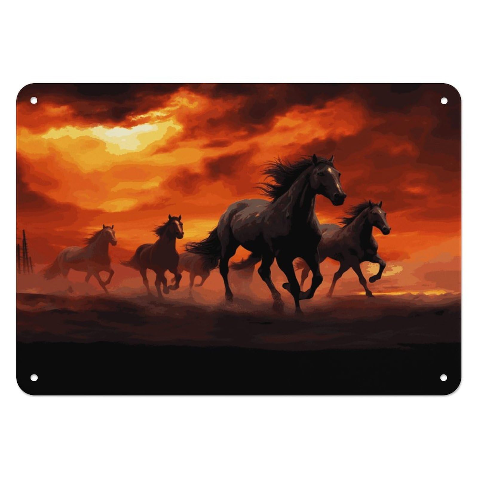 Btcowzrv Style Horses Red Glowing Clouds Metal Sign, 5.5" X 7.9" Tin Wall Decor, Wall Art Plaques For Home Wedding Decor Room Living Room Decoration