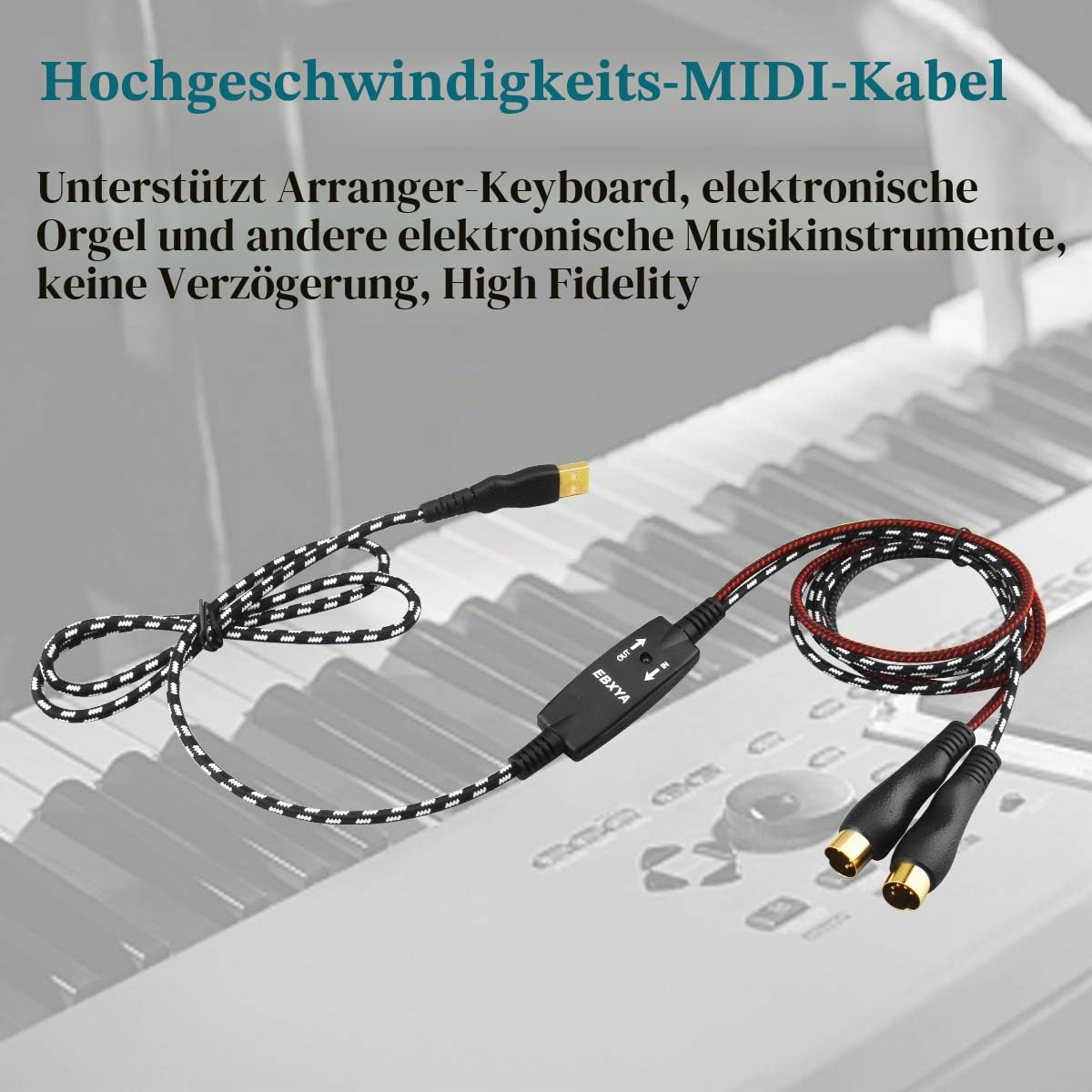 EBXYA USB-MIDI-Kabel 2M - 5-polige MIDI-Schnittstelle, Professioneller In-Out-Konverter für Keyboard auf PC/Mac, Musikbearbeitung und Aufnahmespur