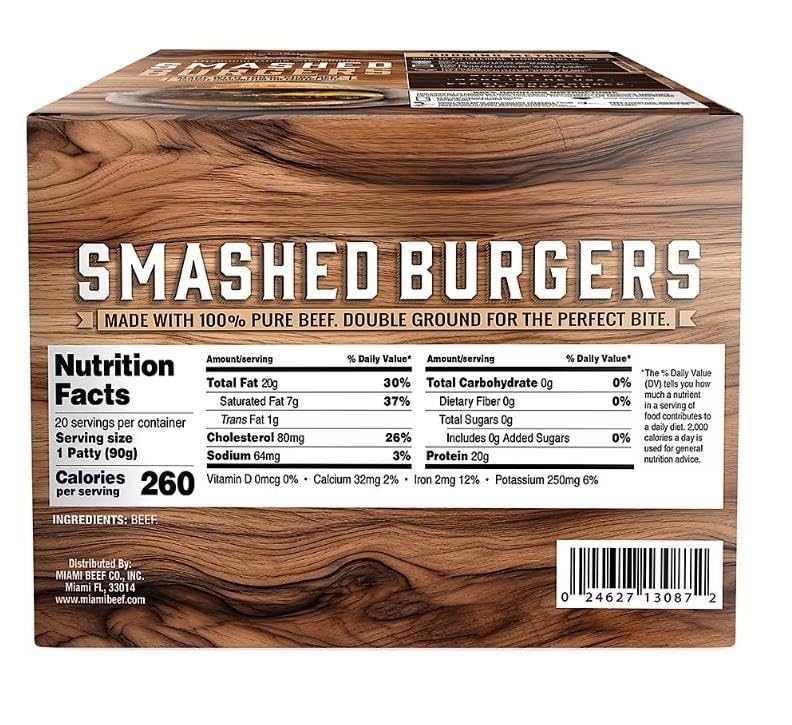 Smashed Burgers , Are made in the USA with one ingredient, 100% pure beef. No fillers here, which is why this product is 100% gluten free. Miami Beef Premium Blend Smashed Burgers comes with 20 grams of protein per serving and are an excellent source of protein. 20 pk [ 64 oz , 4 lb ]