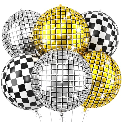 Image of 6pcs 22 Inch Gold Disco Ball Balloons, Silver Big Disco Balloons, Black White 4d Large Foil Balloon For Birthday Baby Shower Car Theme Party Wedding Engagement Celebration Graduation Decorations
