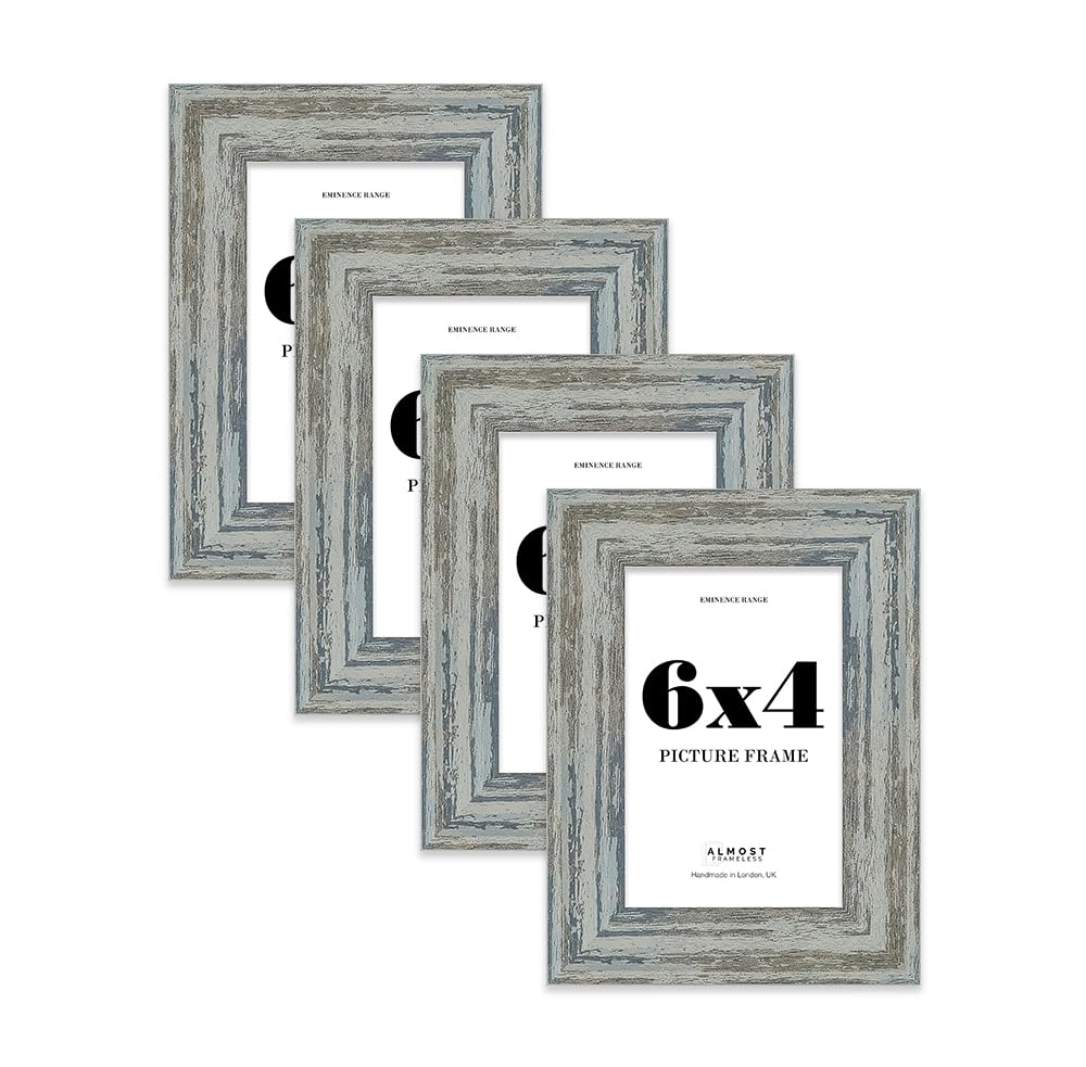 6x4" Distressed Blue Picture Frame - Rustic Wood Industrial Effect Photo Frame for Wall Display, Ideal for Posters, Prints & Home Décor, Wall Hooks and Kickstand, 32mm Edge - 4 Pack — image 1