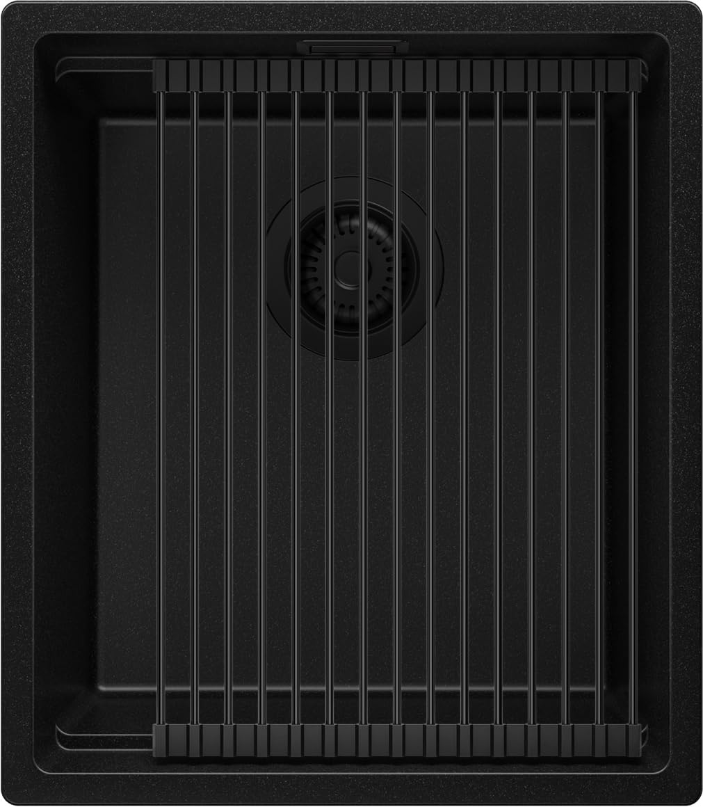 PRIMAGRAN Fregadero bajo Encimera Todo Negro 41x47cm, Cocina 1 Seno + Sifón + Enrollable Escurridor, Granito al Mueble 45cm - Prague Level S137