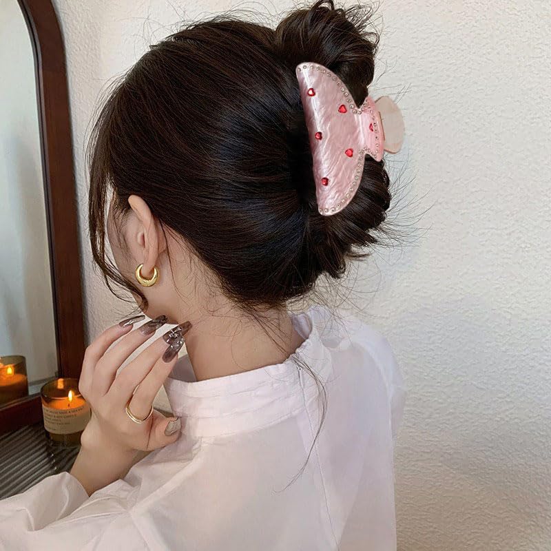 1 Pack Valentine's Day Hair Claw Clips Pink Hair Clips with Red Heart Rhinestone Valentines Hair Accessories Fashion Strong Hold Hair Claw Clips Crystal Diamond Unique Design Claw Clips for Women Girl - Image 4