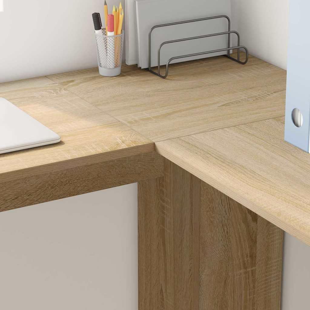 Moderna scrivania angolare in rovere Sonoma, 140 x 113,5 x 75 cm, con ripiani, area di lavoro compatta per ufficio e gaming, scrivania per computer durevole con spazio di archiviazione