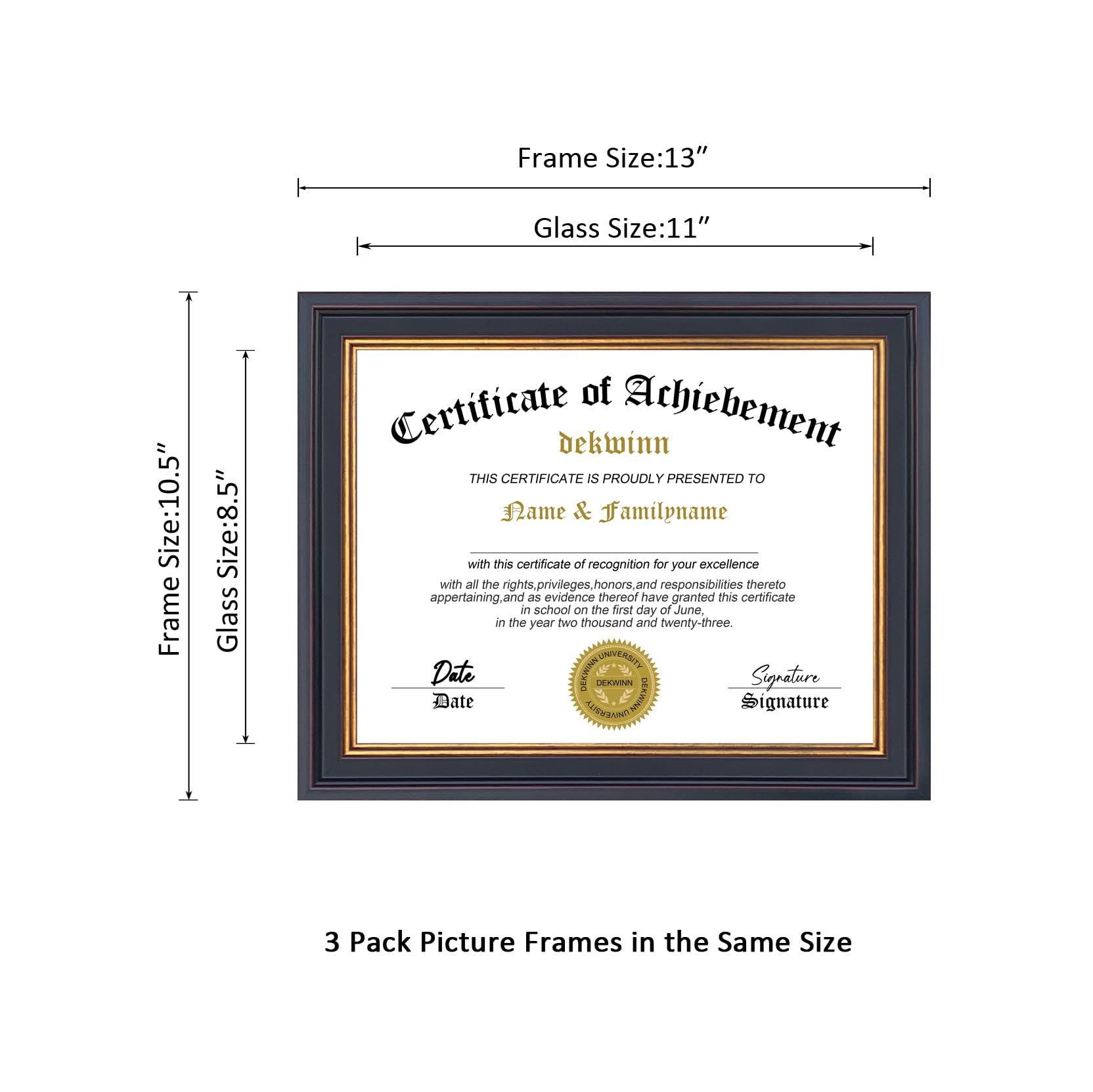 Diplomrahmen für Urkunden und Dokumente, 21,6 x 28,9 cm, 3 Stück, mit Echtglas, Diplomrahmen für Wandgalerie oder Tischdekoration, Schwarzgold-Zierleiste, ohne Passepartout