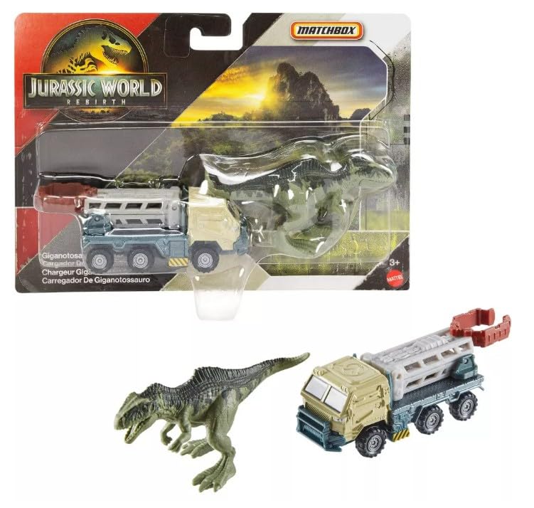 Hot Wheels Jurassic World Rebirth, vehículo y figura de la colección de dinosaurios (cargador de giganotosaurios)