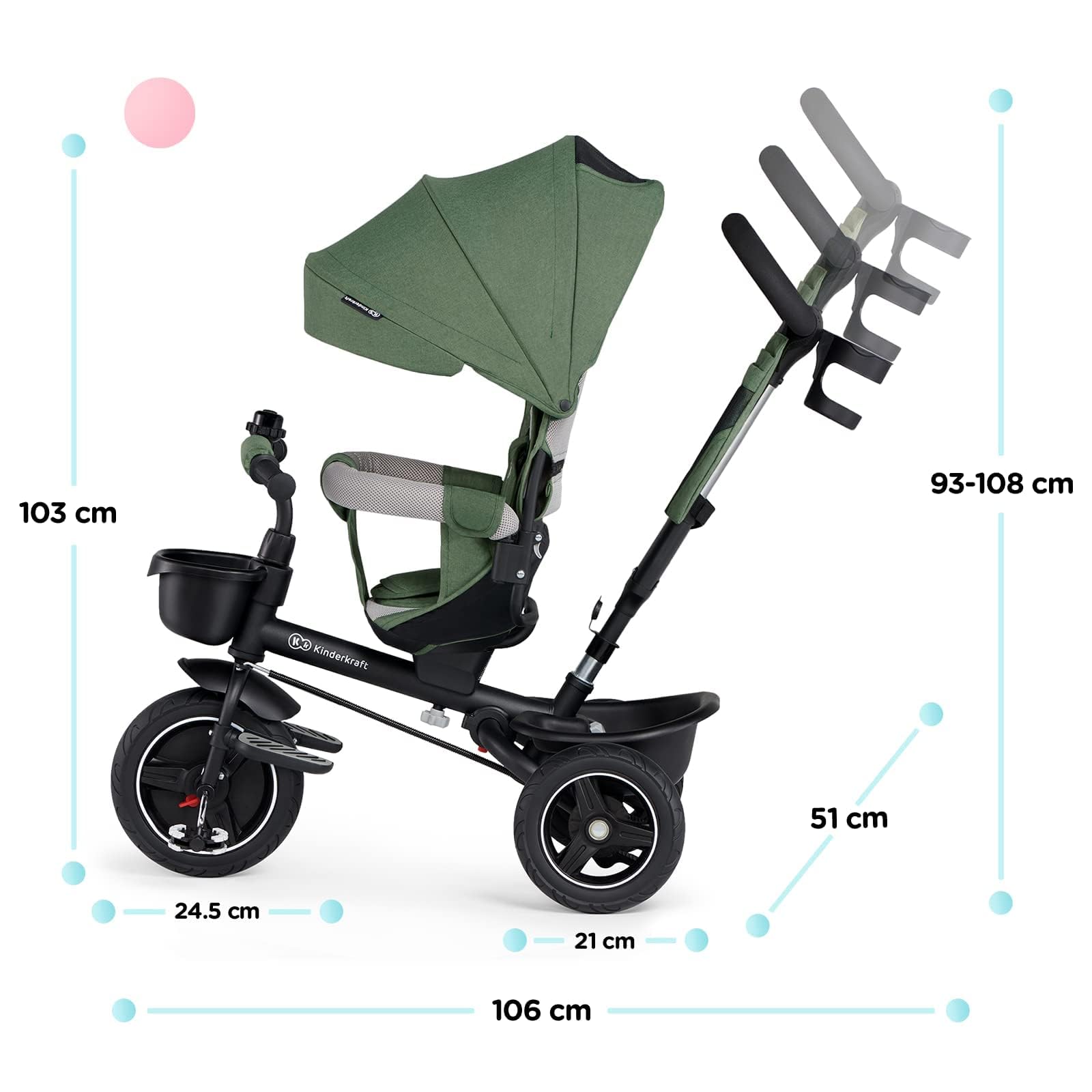 Kinderkraft SPINSTEP Triciclo Evolutivo Bebé 5 en 1 de 9 Meses a 5 Años, Bicicleta para niños, Plegable y reclinable, Capota Impermeable con Filtro UPF 50+, Asiento Giratorio 360 Grados, Verde