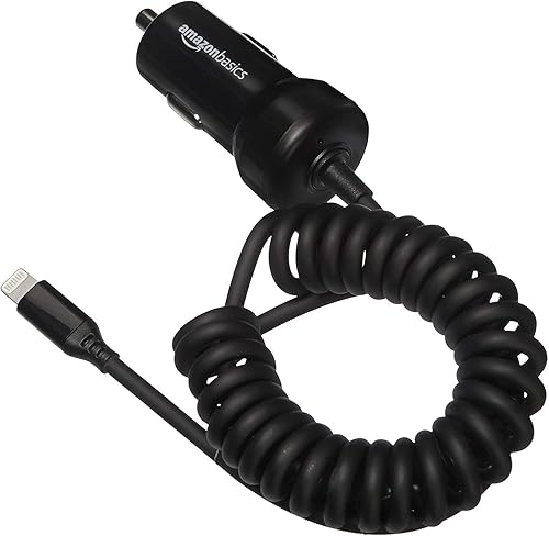 Tienda Basics Cargador de coche Lightning con cable en espiral, 1.5 pies, color negro