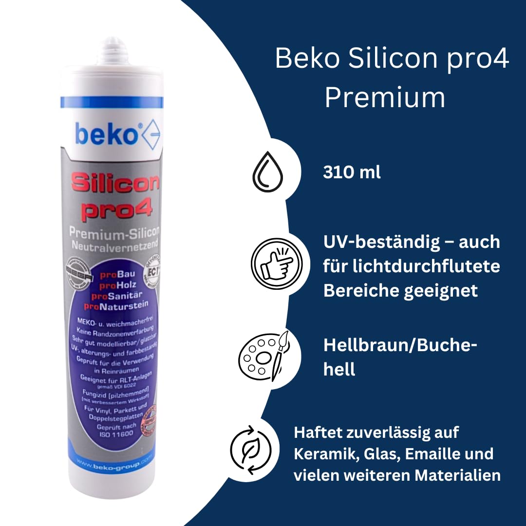 Beko Silicon pro4 Premium 310 ml + Big Wipes – Profi-Silikon für Bad, Küche & Bau – Schimmelresistent, haftstark, UV-beständig (Hellbraun/Buche hell, 10)