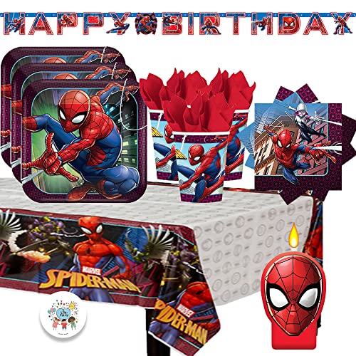 Spiderman Party Supply Pack with Birthday Banner, Plates, Cups, Napkins, Tablecover, Birthday Candles, and Exclusive Birthday Pin by Another Dream!