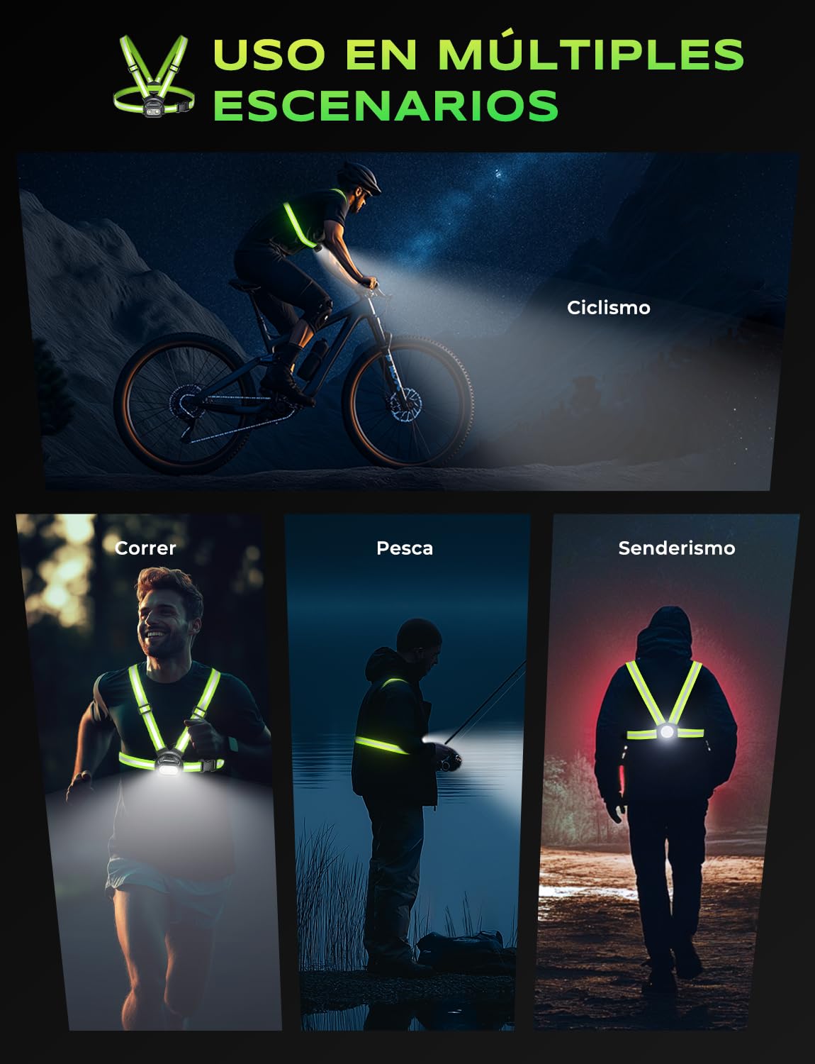 Luce Running con 360° Strisce Riflettenti 500 Lumen, 7 modalità Running Pettorale 45° Regolabile, IPX4 Impermeabile, Autonomia 3.5-20H Luce per Corsa Notturna per Corsa/Jogging